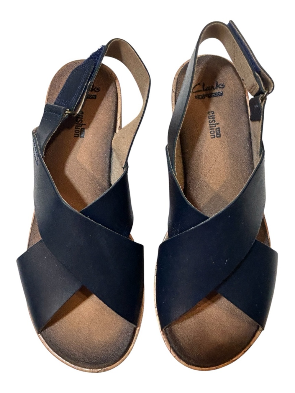 Clarks Collection Cushion Soft Penny Navy Leather Cork Wedge Slingback Size 8 - Picture 1 of 6